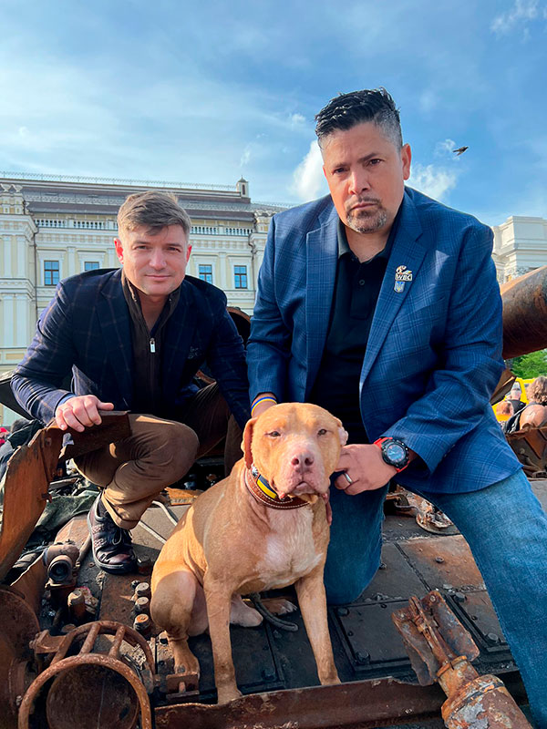 Chico Lopez , Mykola Kovalchuk and Red nose war hero dog Athos from Bucha